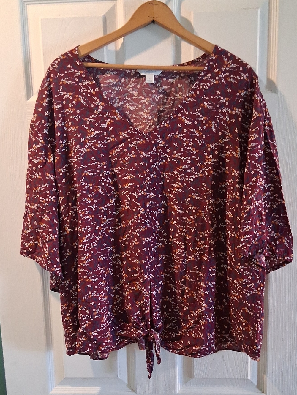Floral Tie-Front V-Neck Blouse in Burgundy